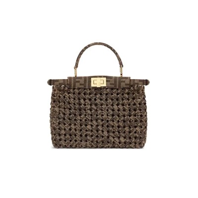 FENDI PEEKABOO ICONIC GOLD BUCKLE PRESBYOPIA LOGO FF PATTERN WOVEN JACQUARD FABRIC CROSSBODY HANDBAG 8BN244ABMRF0A6E (23*18*11cm)